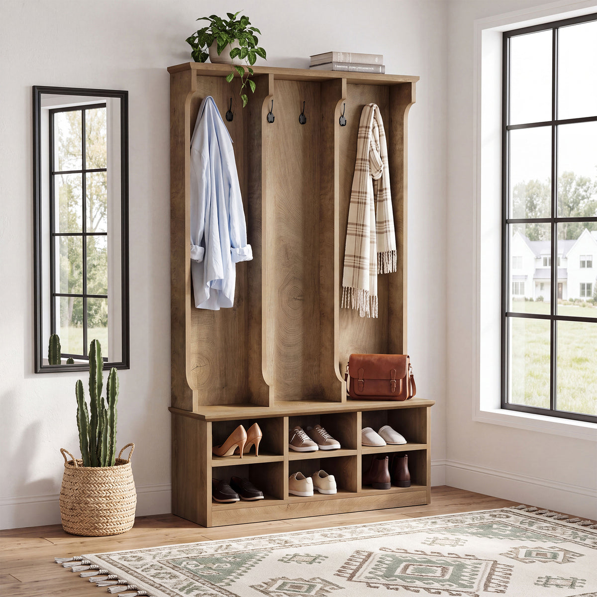 180cm Hall Tree, 3-in-1 Entryway Coat Rack with Shoe Bench & Storage