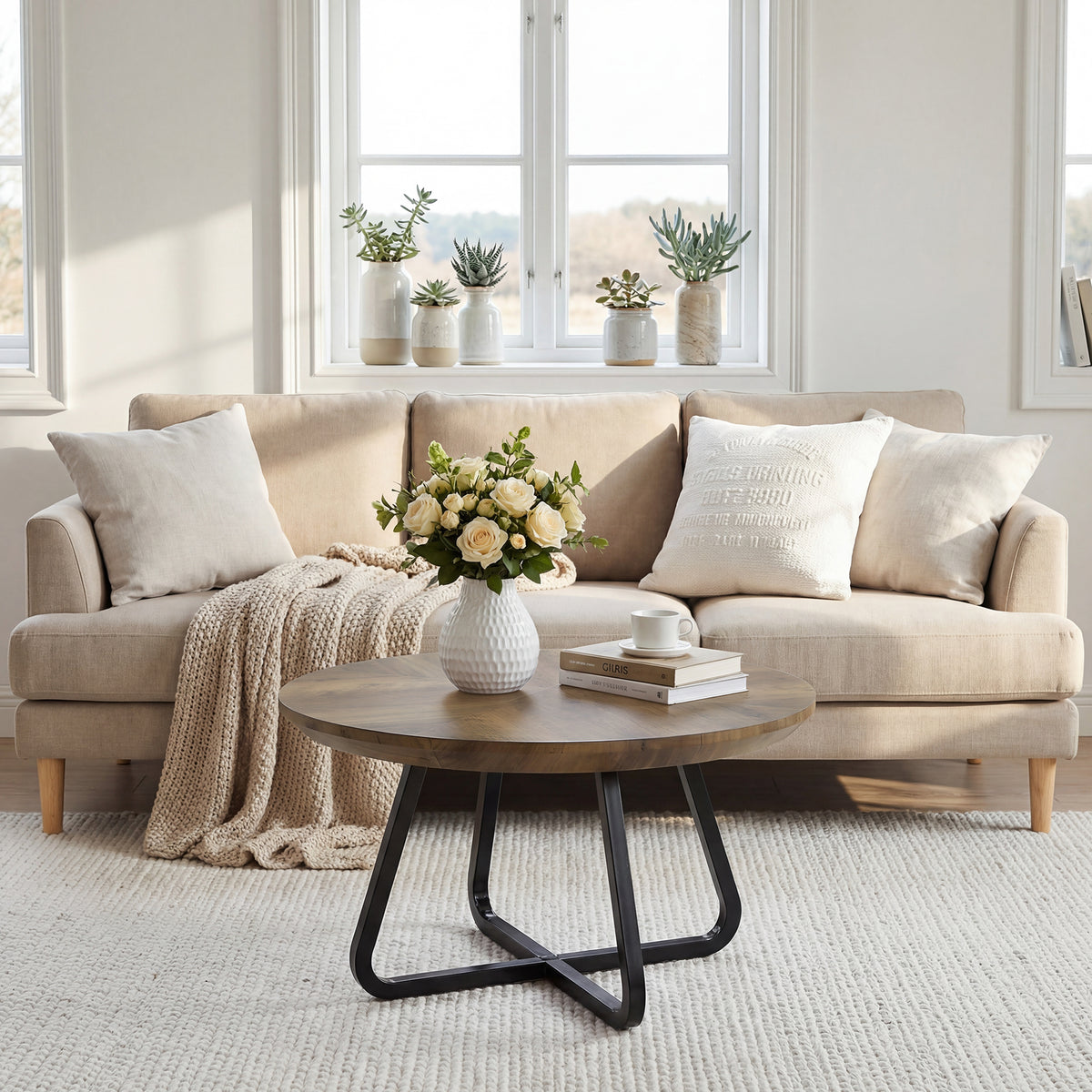 Tribesigns 80cm round coffee table, industrial-style centre table with metal legs