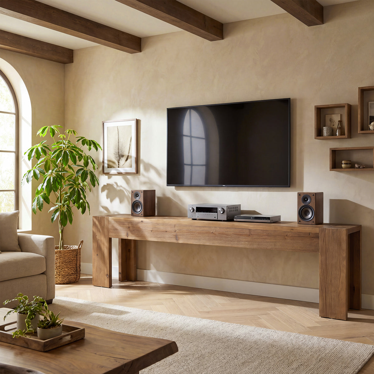 180cm TV Stand, Extra Long Solid Wood Farmhouse Entertainment Centre for Living Room