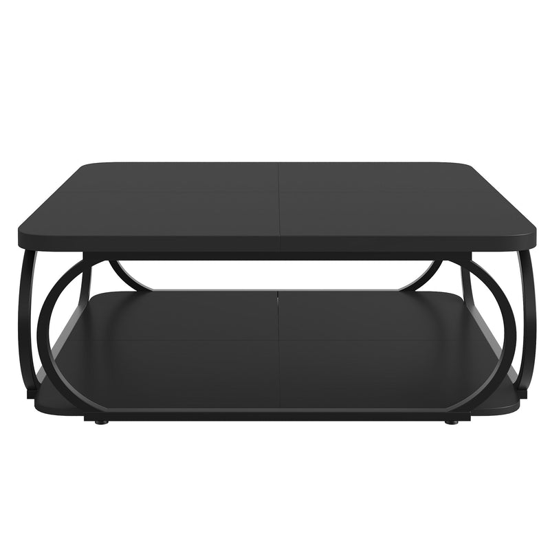 100cm Square Coffee Table , Modern Central Cocktail Table with 2-Tier Storage for Living Room