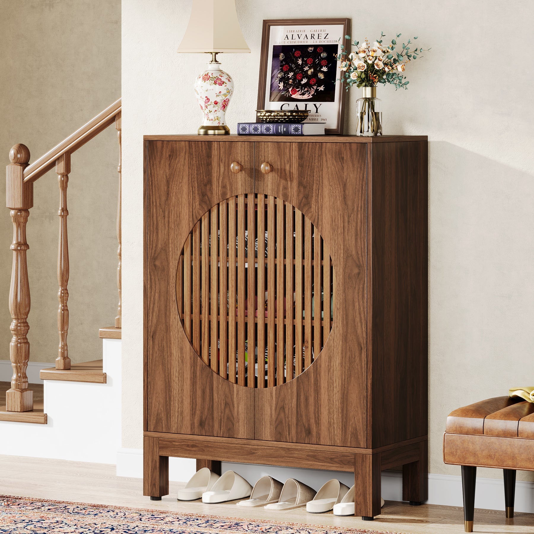 Tribesigns 5-Tier Shoe Cabinet, 20-Pair Farmhouse Shoe Storage Organizer with Round Louvered Doors for Entryway