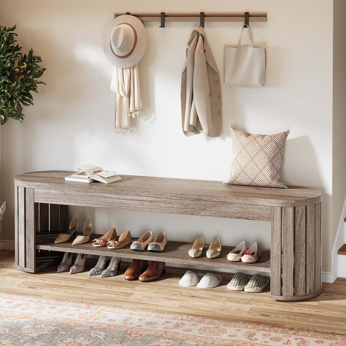 63" Wooden Shoe Bench with 2-Tier Storage, Narrow Entryway Bench for Entrance and Hallway