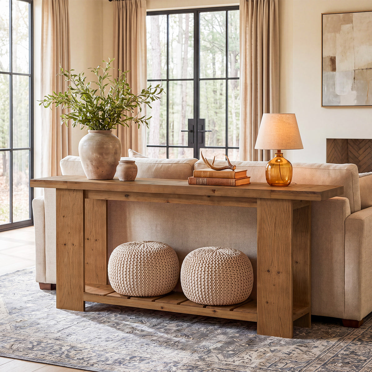 200cm Console Table, Solid Wood Farmhouse Sofa Entryway Table with 2-Tier Storage