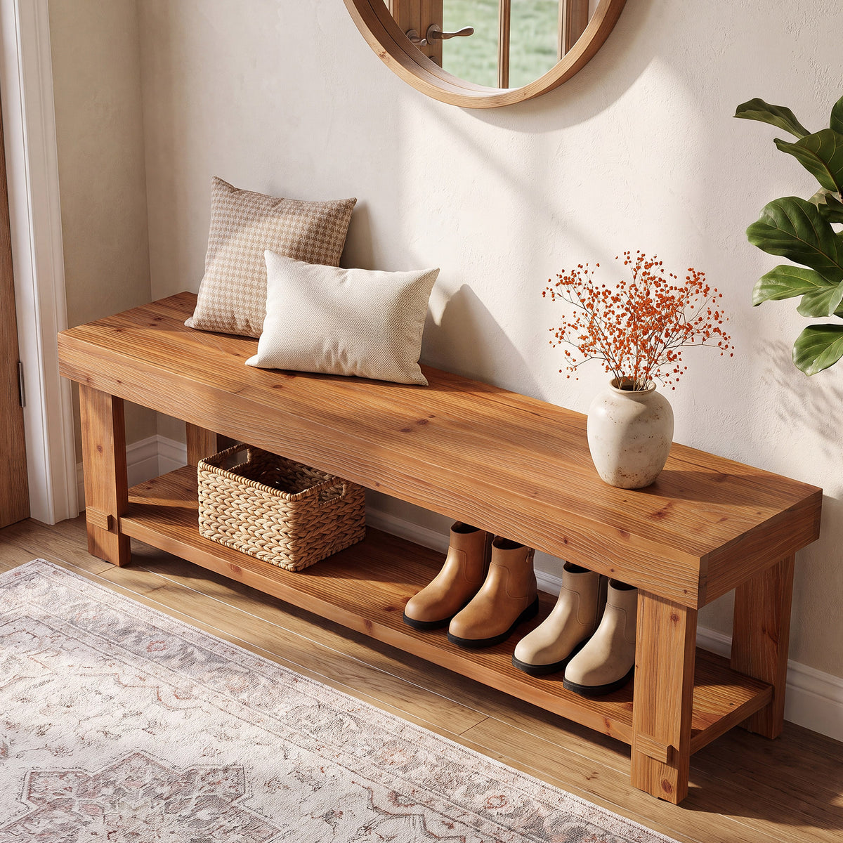 160cm Entryway Bench, Rustic Solid Wood 2-Tier Shoe Bench for Hallway