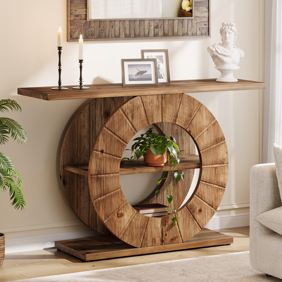 105cm Console Table, Solid Wood 3-Tier Entryway Table with Circular Base