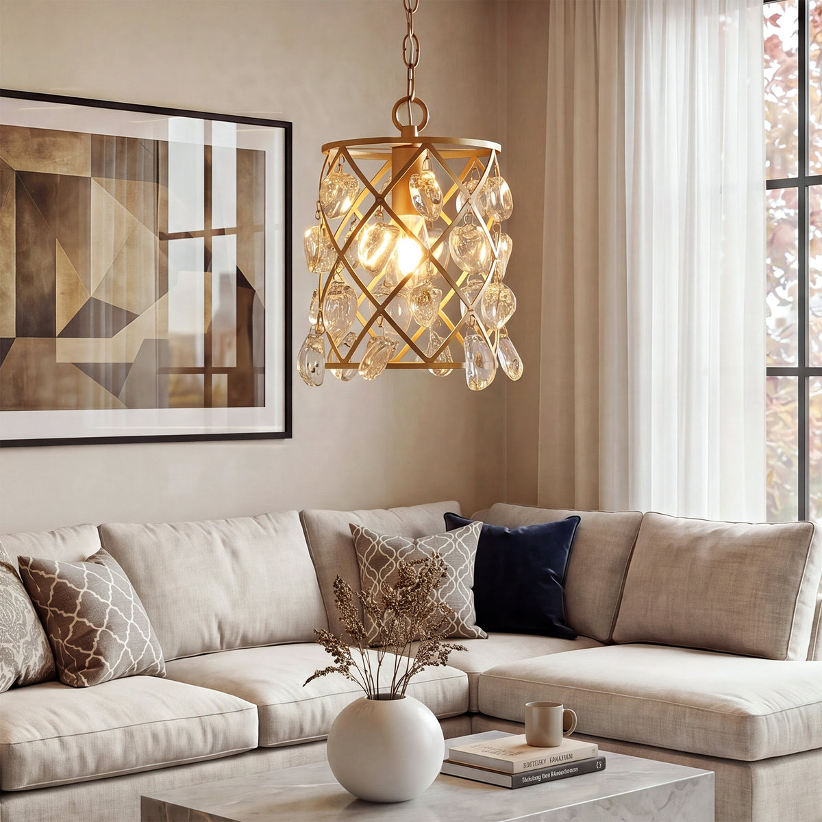 Modern Gold Crystal Pendant Light, Water Drop Glass Chandelier