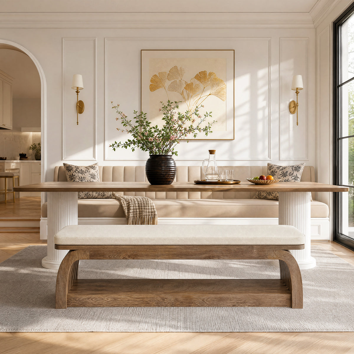 140cm Dining Bench, Upholstered 2-Tier Farmhouse Kitchen Bench with Hollow Legs