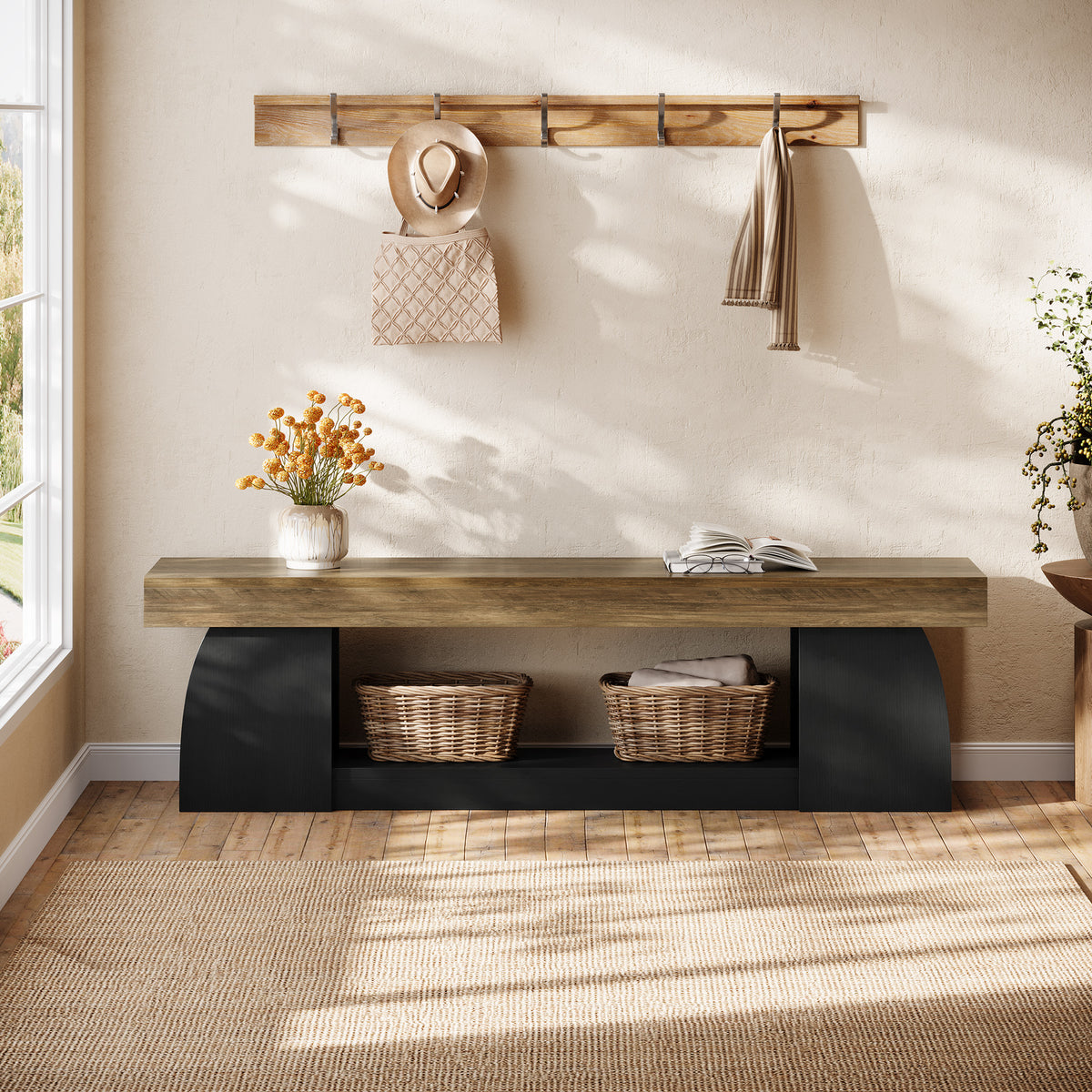160cm Entryway Bench, 2-Tier Farmhouse End of Bed Bench with Sturdy Frame