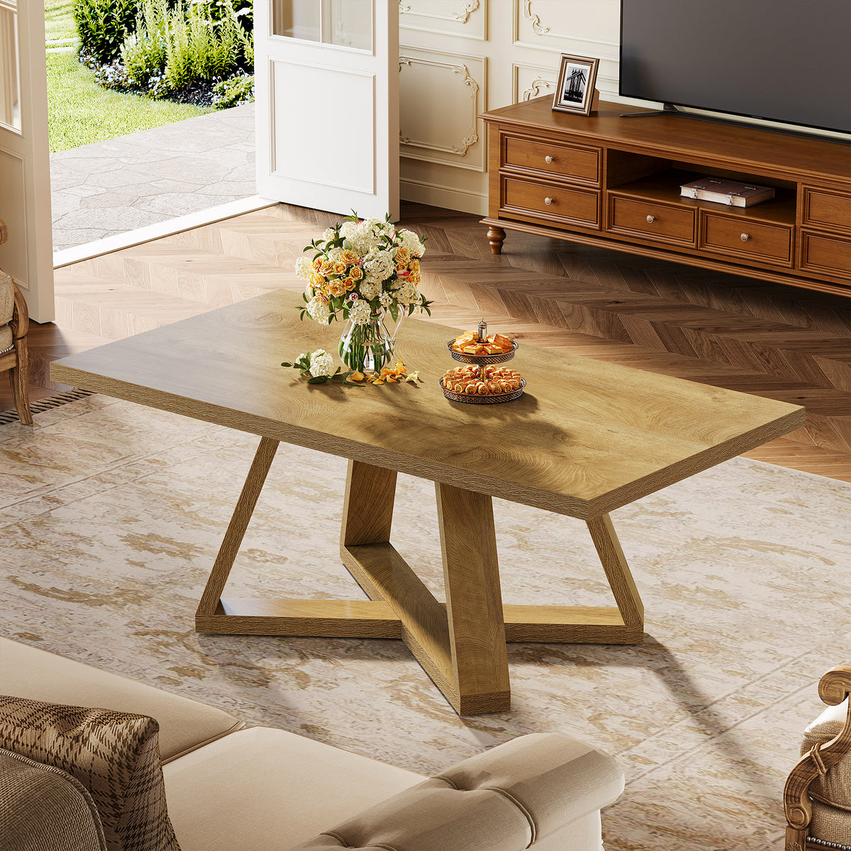 120cm Rectangle Coffee Table, Farmhouse Wooden Accent Table for Small Spaces