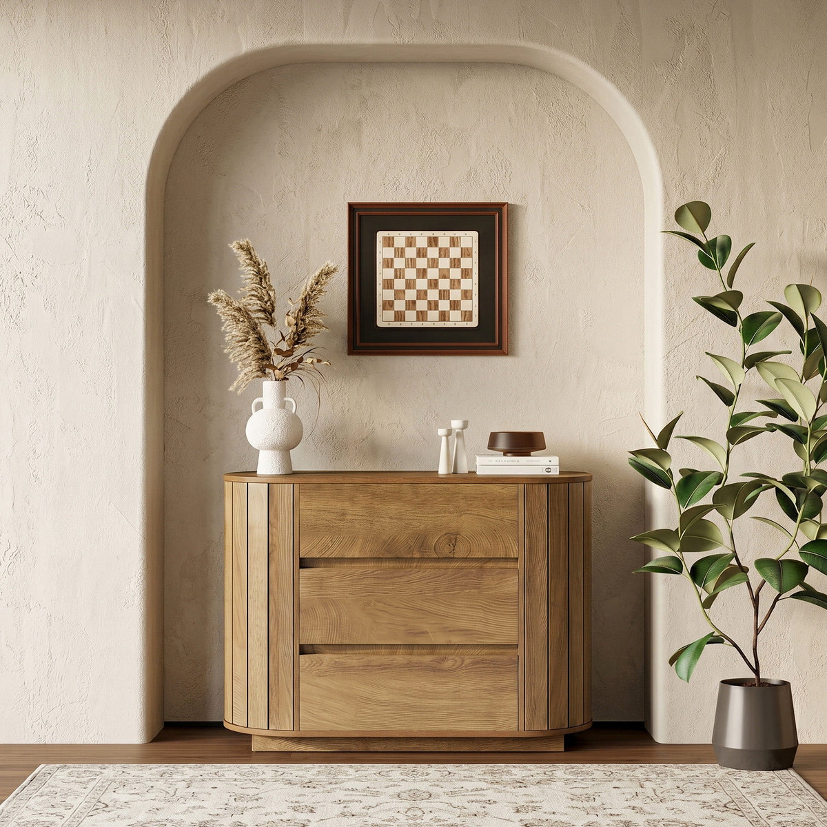 90cm Chest of Drawers, Modern Oak Effect 3-Drawer Cabinet with Slatted Sides