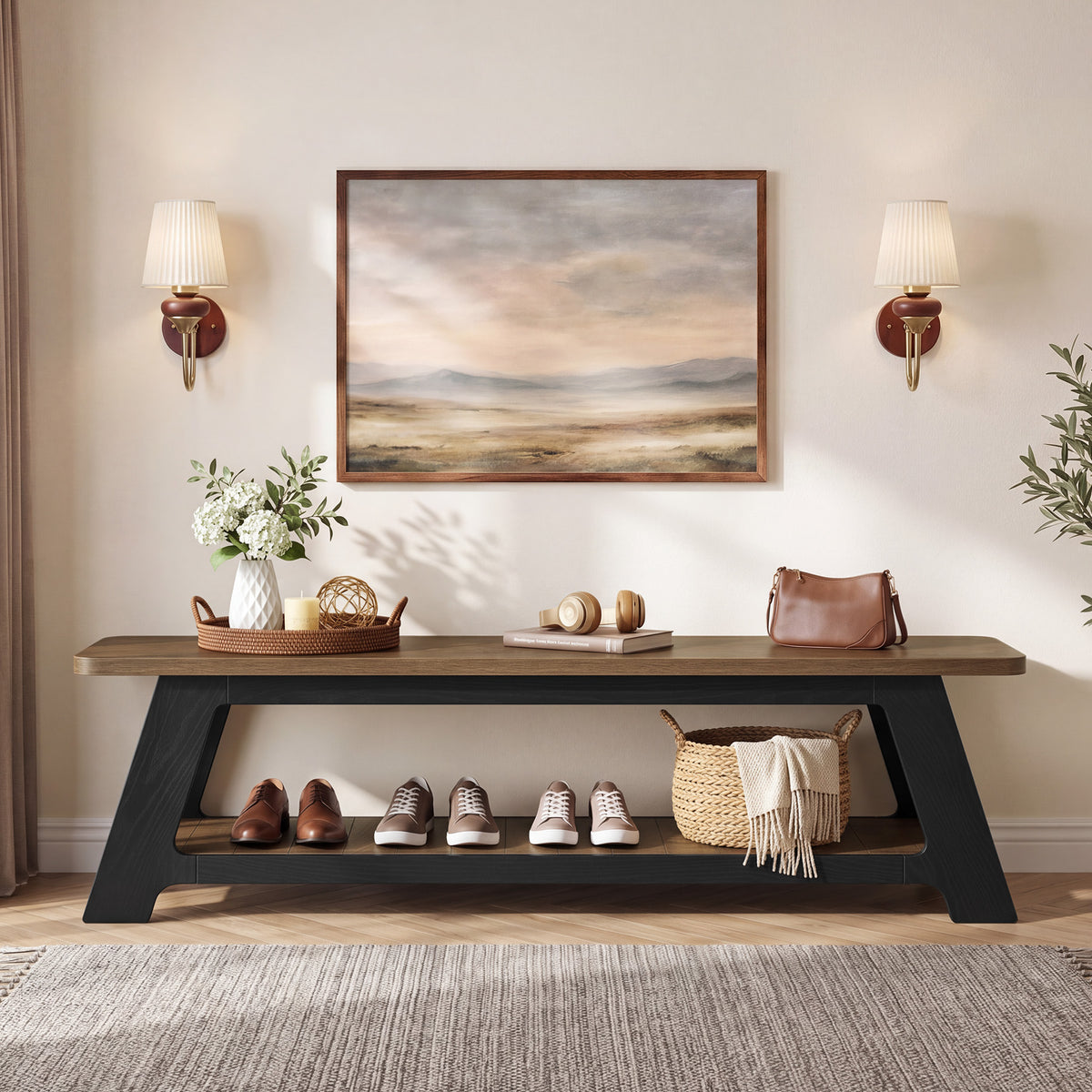 160cm Entryway Bench, Farmhouse Wooden Shoe Storage Bench with Shelf for Hallway