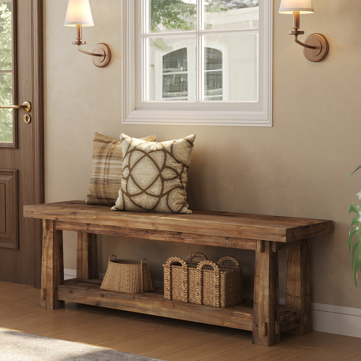 140cm Shoe Bench, Solid Wood Entryway Bench with Storage Rack