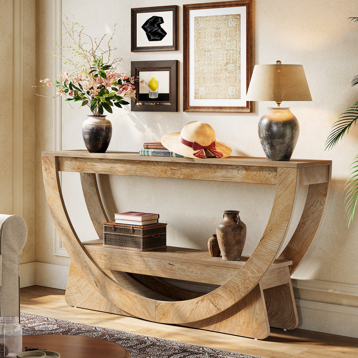 63" Farmhouse Console Table with 2 Shelves, Narrow Sofa Table in Dark Brown