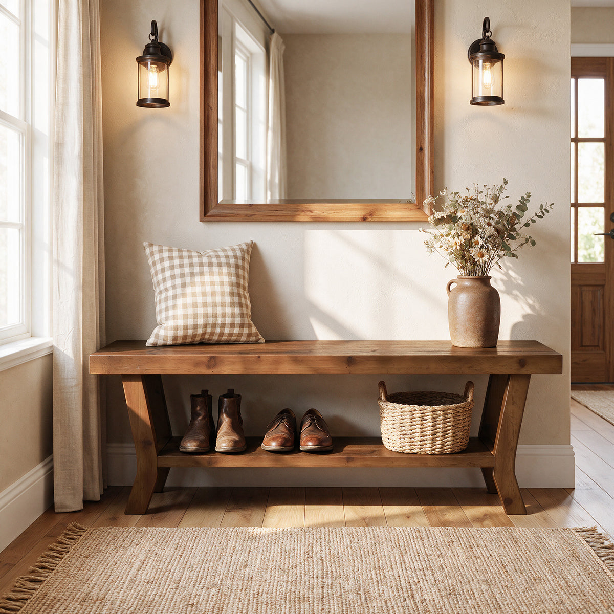 140cm Shoe Bench, Wooden Entryway Bench with Open Storage & X-Frame Legs