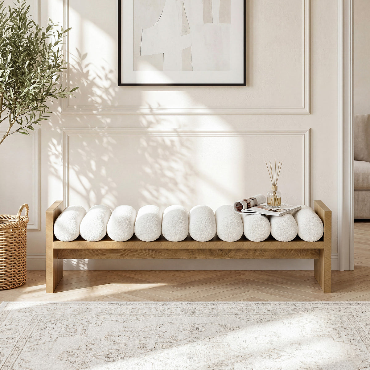 150cm Entryway Bench, Upholstered Boucle Cushion End of Bed Bench for Hallway