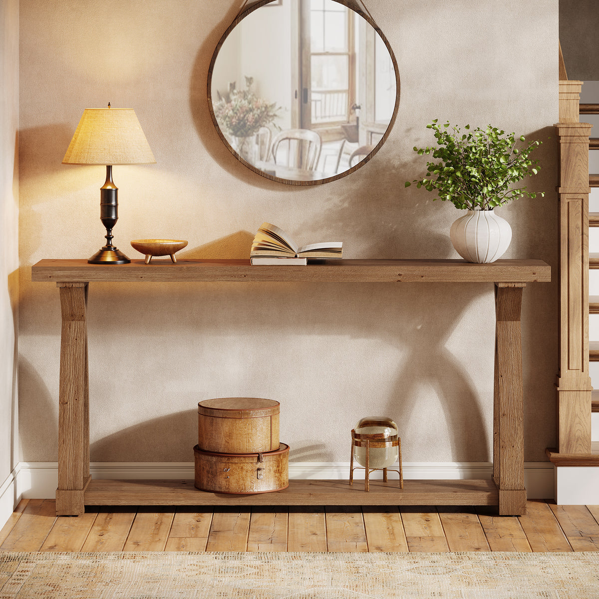 160cm Console Table, Narrow Solid Wood 2-Tier for Hallway Living Room