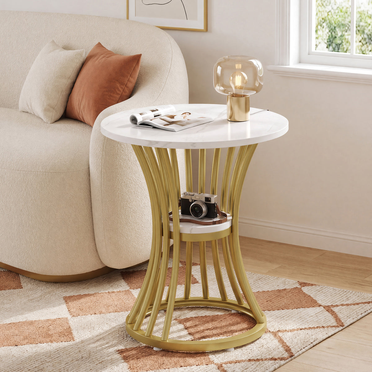 48cm Round Faux Marble End Table, 2-Tier Modern Side Table for Living Room Patio