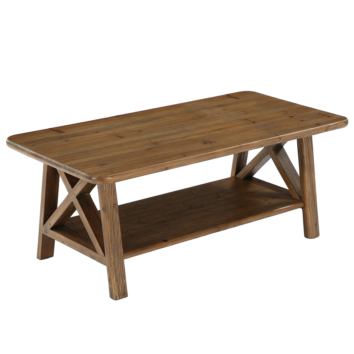 120cm Rectangular Coffee Table, Country Solid Wood with Storage Shelf for Living Room