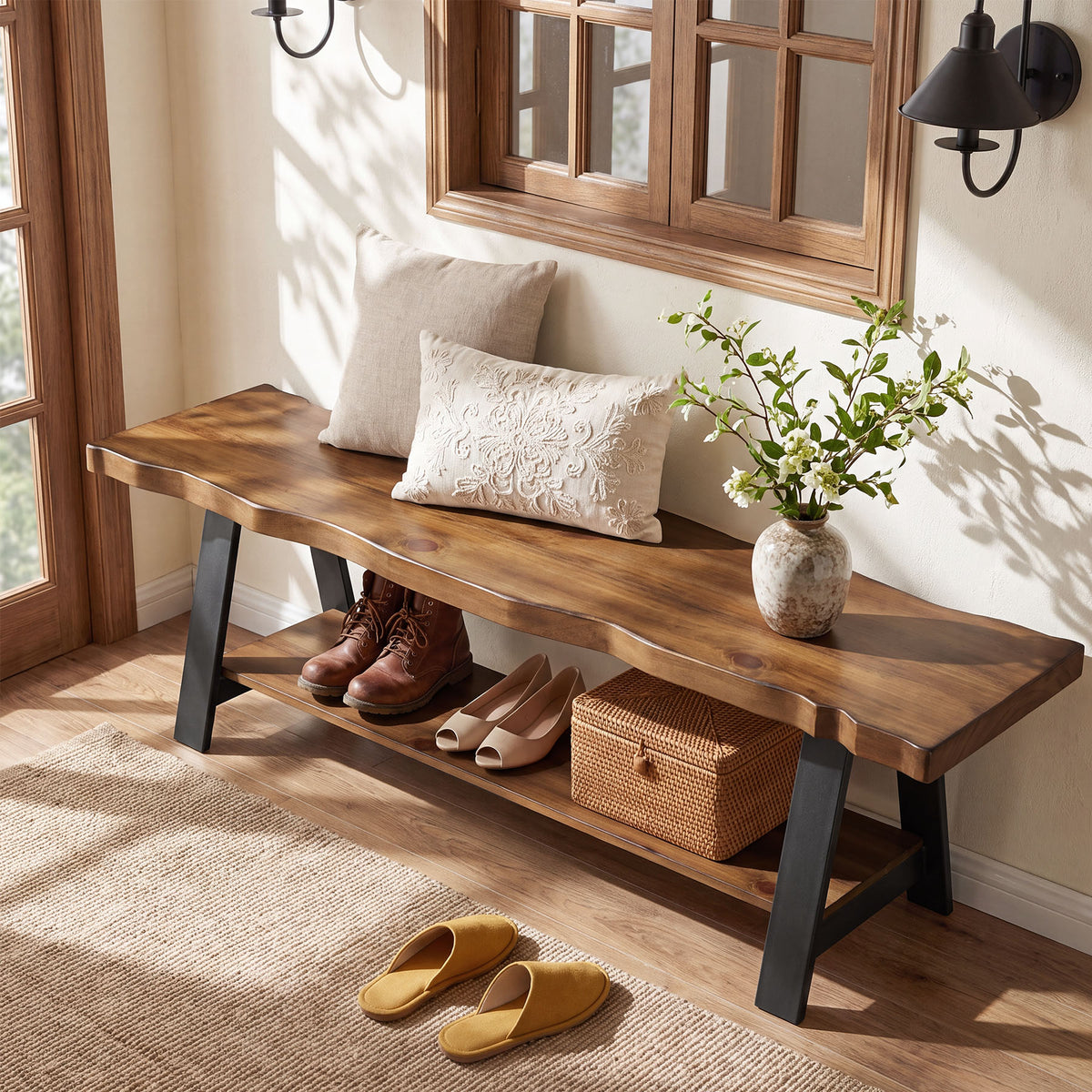 160cm Entryway Bench, Solid Wood Live Edge 2-Tier Shoe Storage Bench for Hallway Mudroom