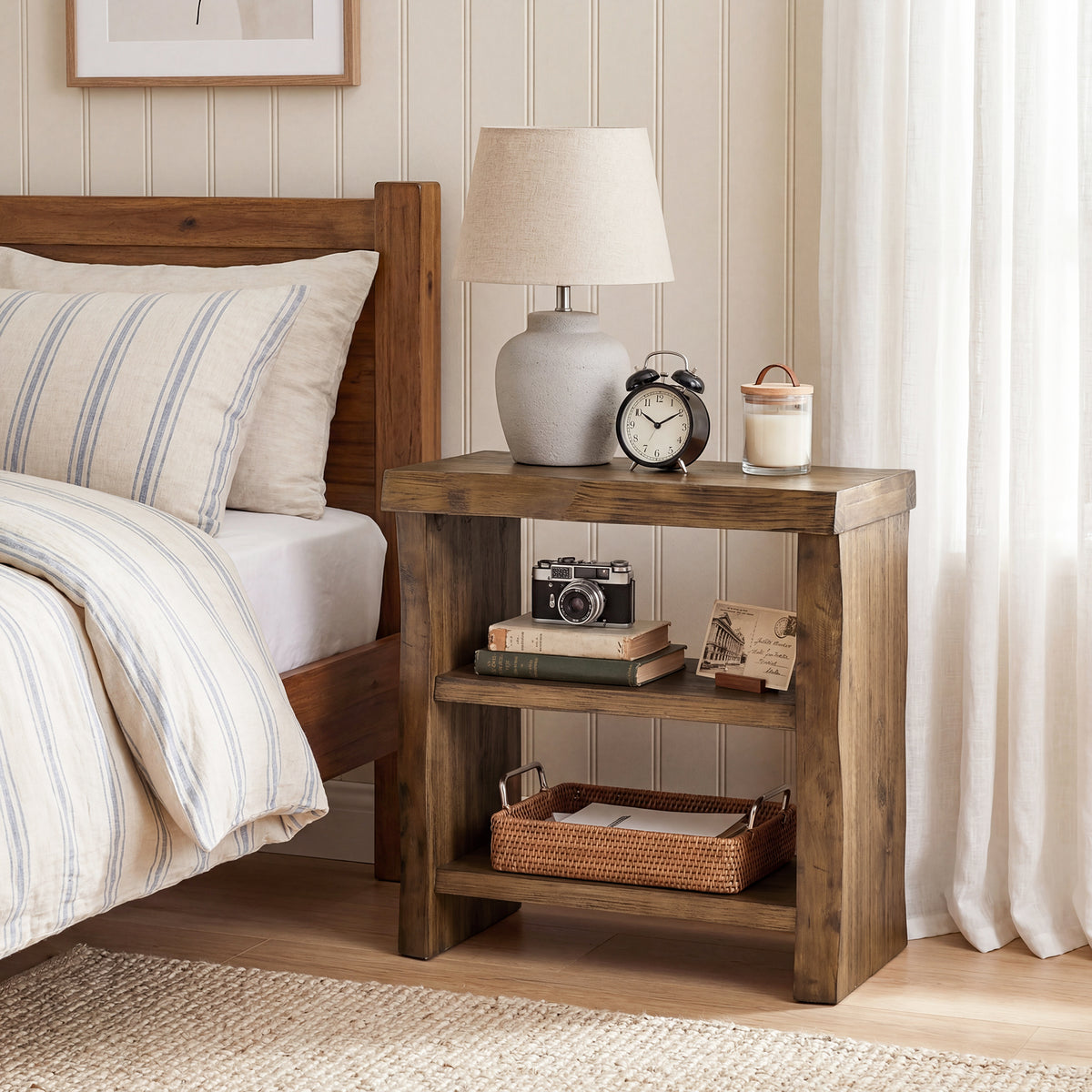 60cm End Table, 3-Tier Solid Wood Narrow Side Table with Live Edge Design for Living Room