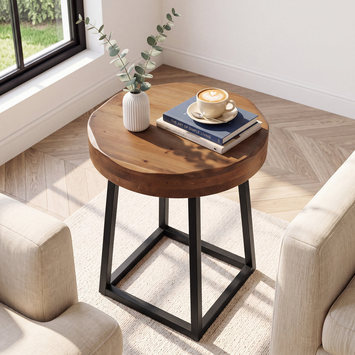50cm Round End Table, Solid Wood Live Edge Side Table with Metal Base for Living Room
