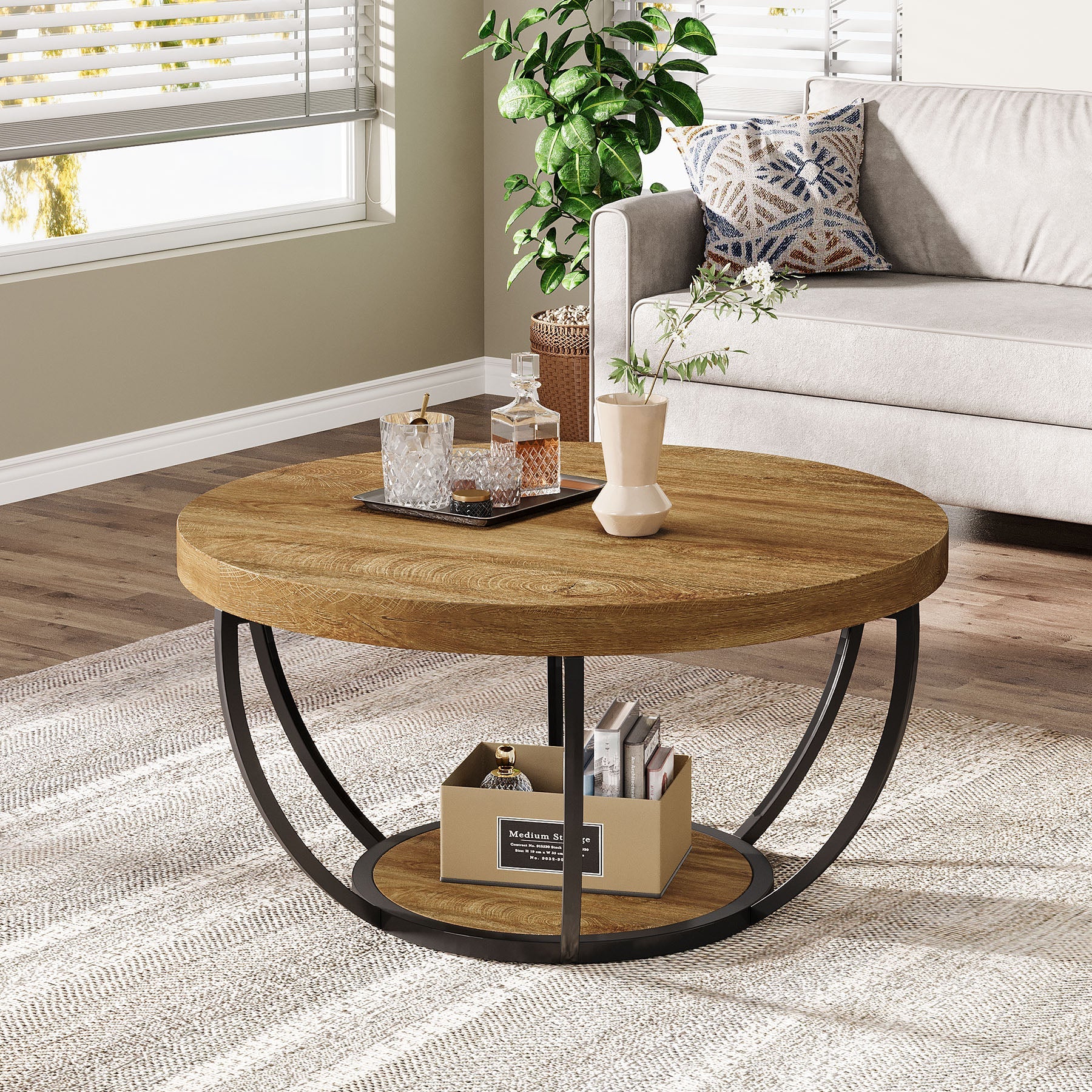 31.69" Round Wooden Coffee Table, 2-Tier Central Cocktail Table with Shelves