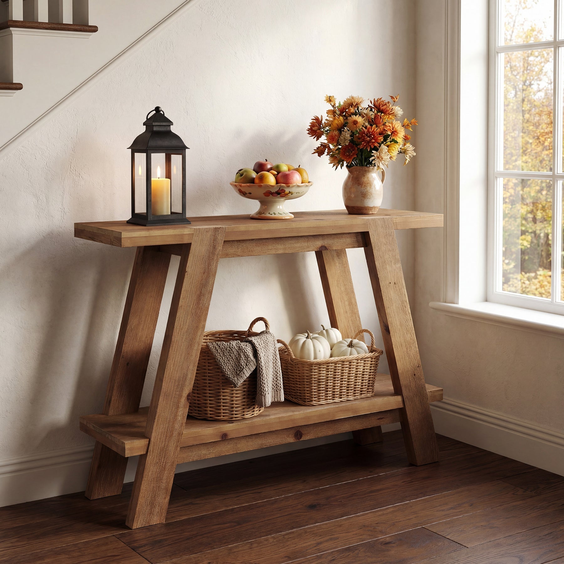 110cm Narrow Console Table, 2-Tier Solid Wood Sofa Entryway Table