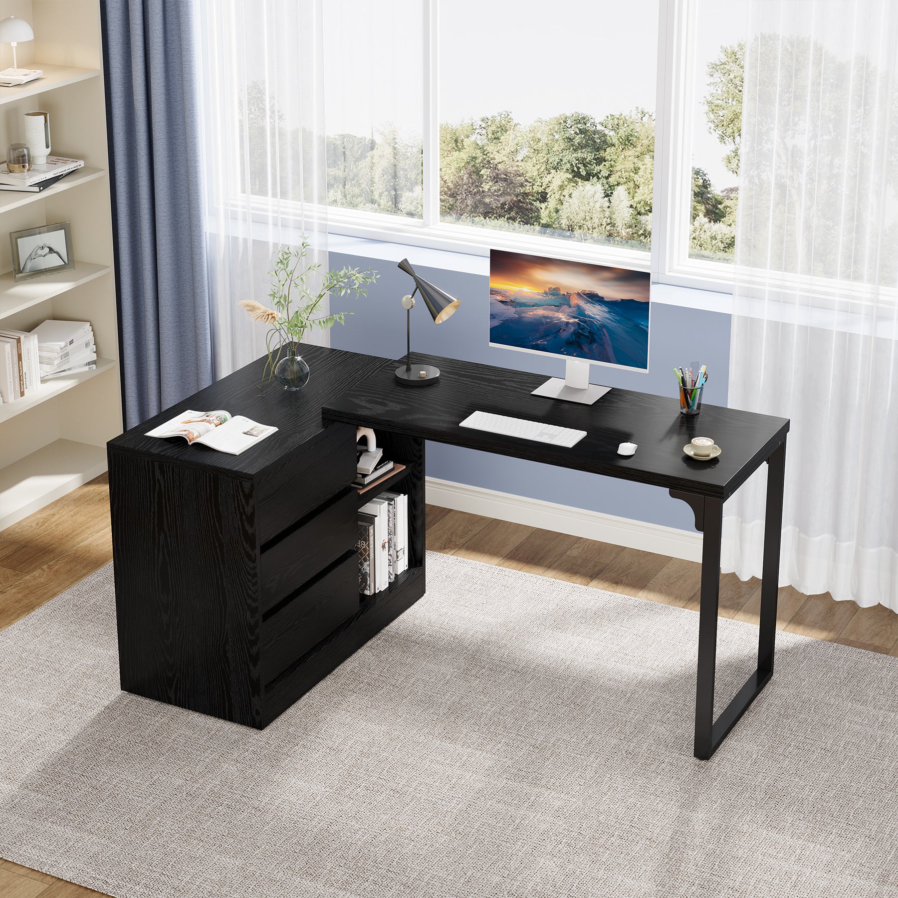 L-Shaped Computer Desk, Reversible Corner Desk With Drawer Cabinet