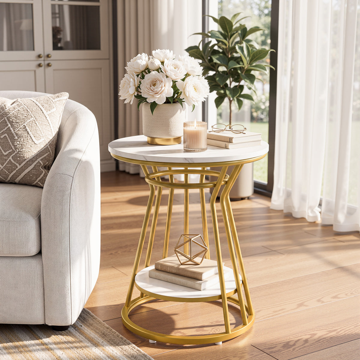 45cm Round End Table, 2-Tier Accent Side Table with Faux Marble Veneer & Metal Frame