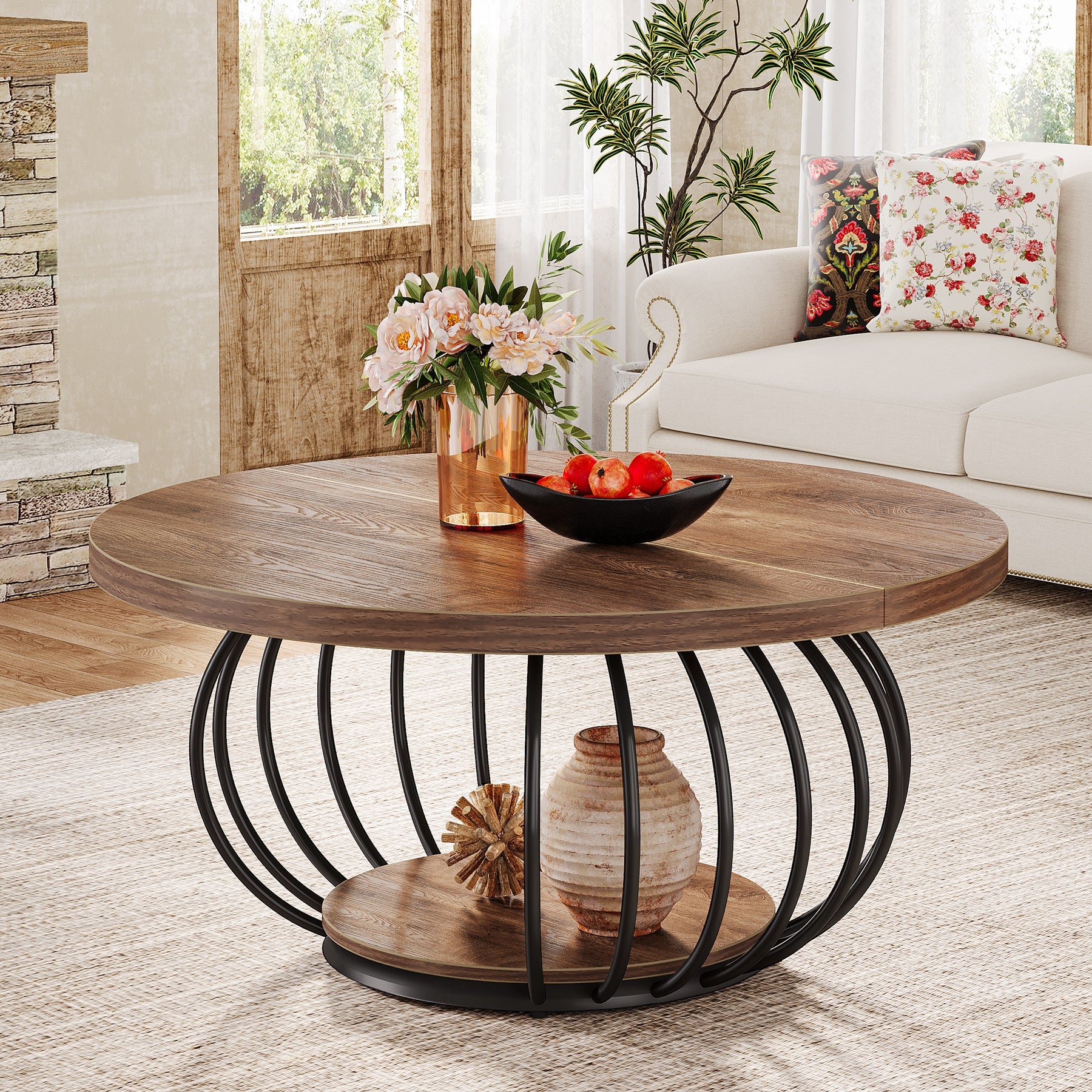 39" Round Coffee Table - 2-Tier Industrial Cocktail Table with Metal Frame, Rustic Brown & Black
