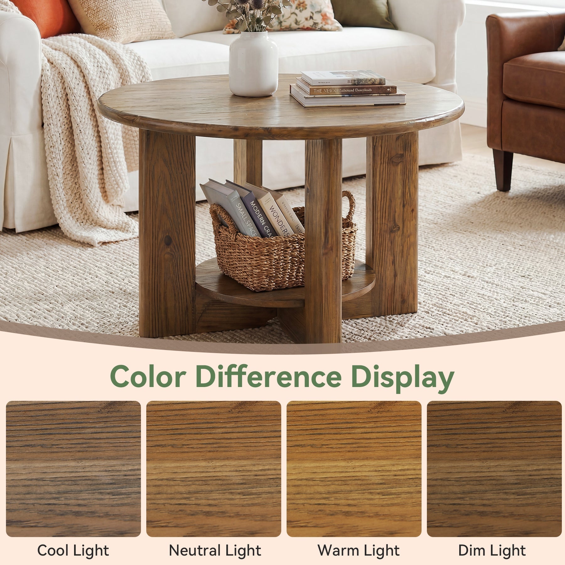 80cm Solid Wood Round Coffee Table, 2-Tier Accent Center Table with Storage
