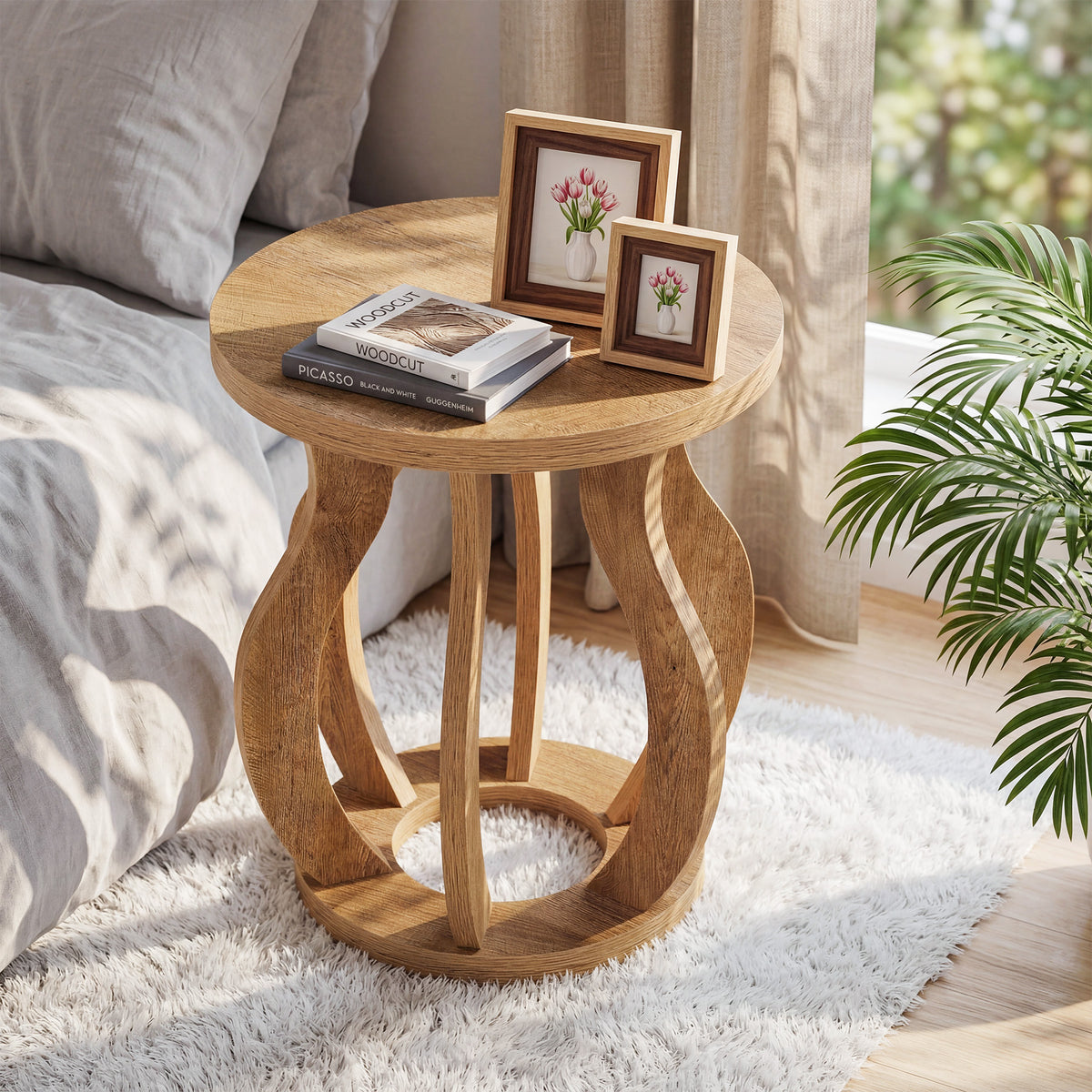 50cm Round Side Table, Curved Wooden Design for Small Spaces