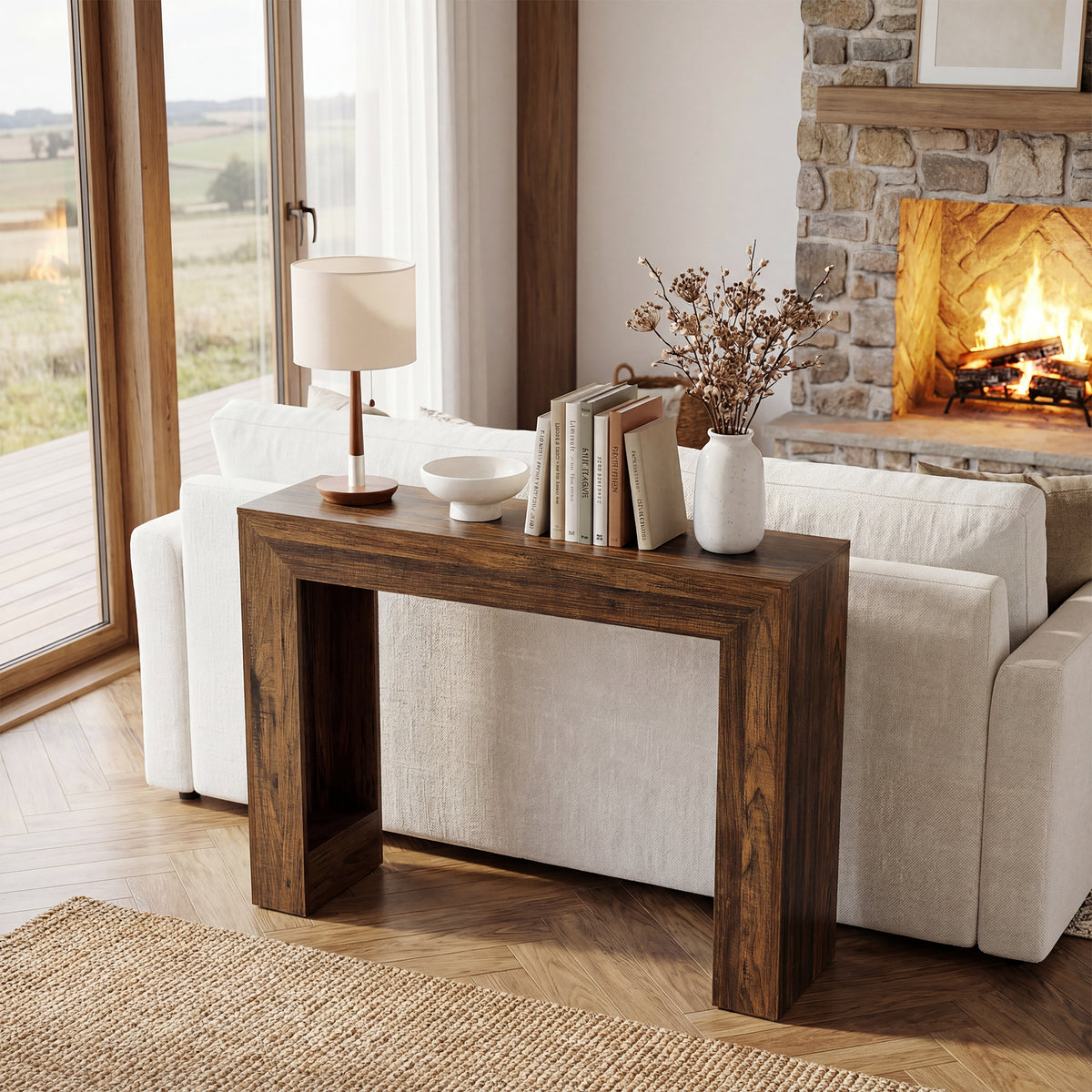 105cm Console Table, Wood-Look Entryway Table with Double Pedestal Base