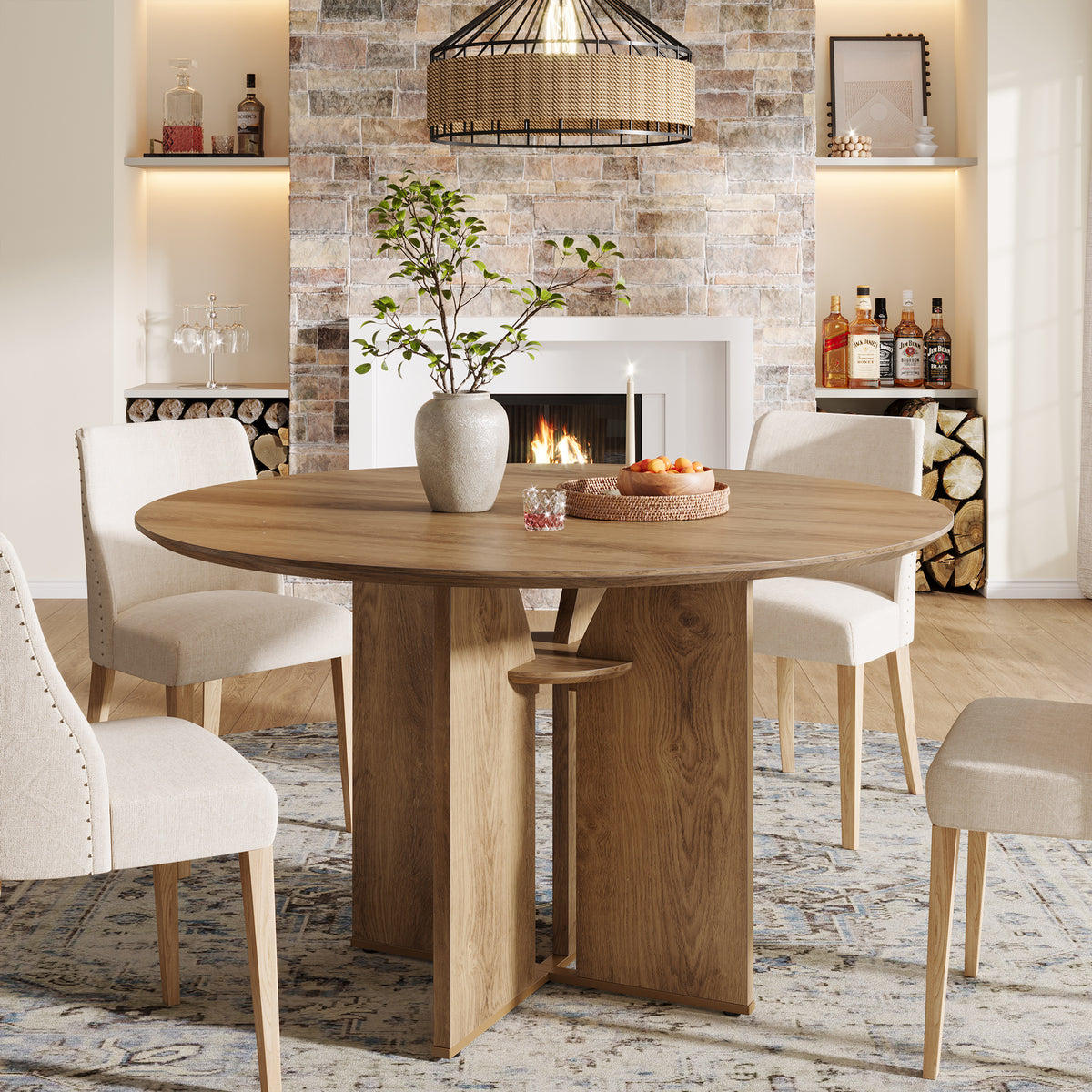 39.4" Round Dining Table, Farmhouse Kitchen Table with Storage Shelf and X-Shape Base