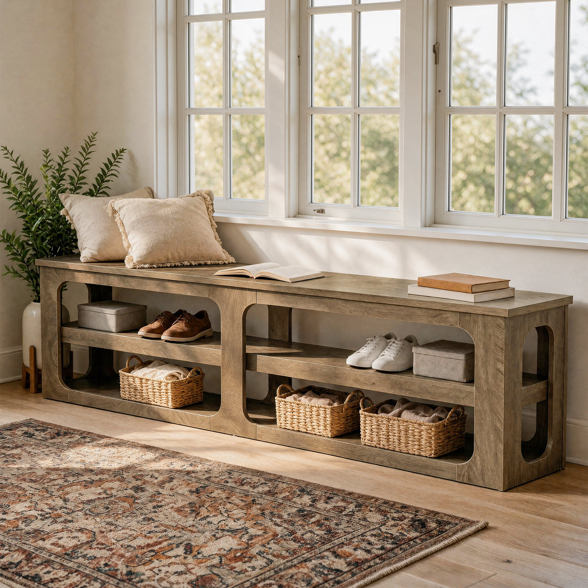 180cm Entryway Shoe Bench, 3-Tier Farmhouse Storage Bench for Hallway
