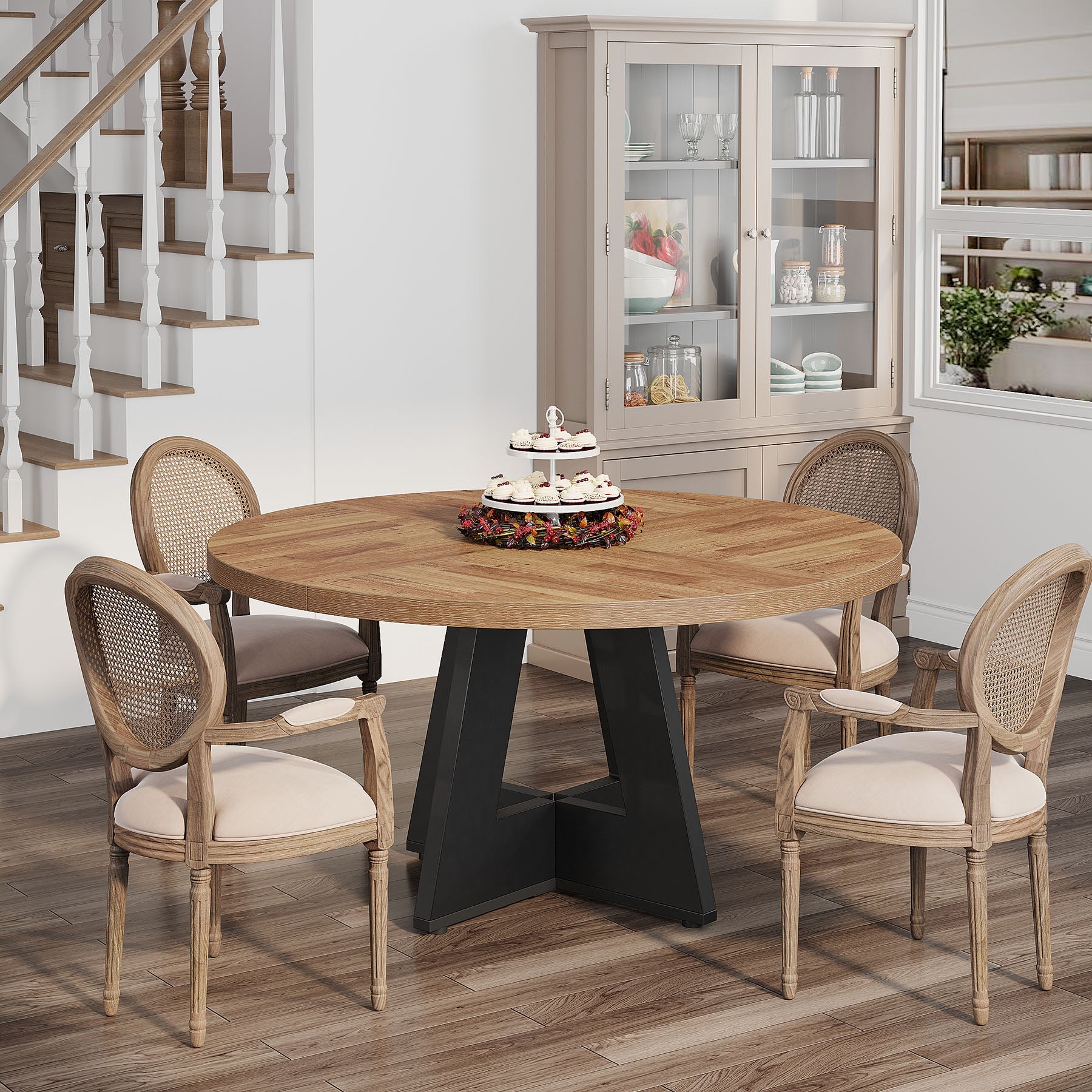 47" Round Dining Table, Farmhouse Wood Kitchen Table for 4-6 with Cross Base