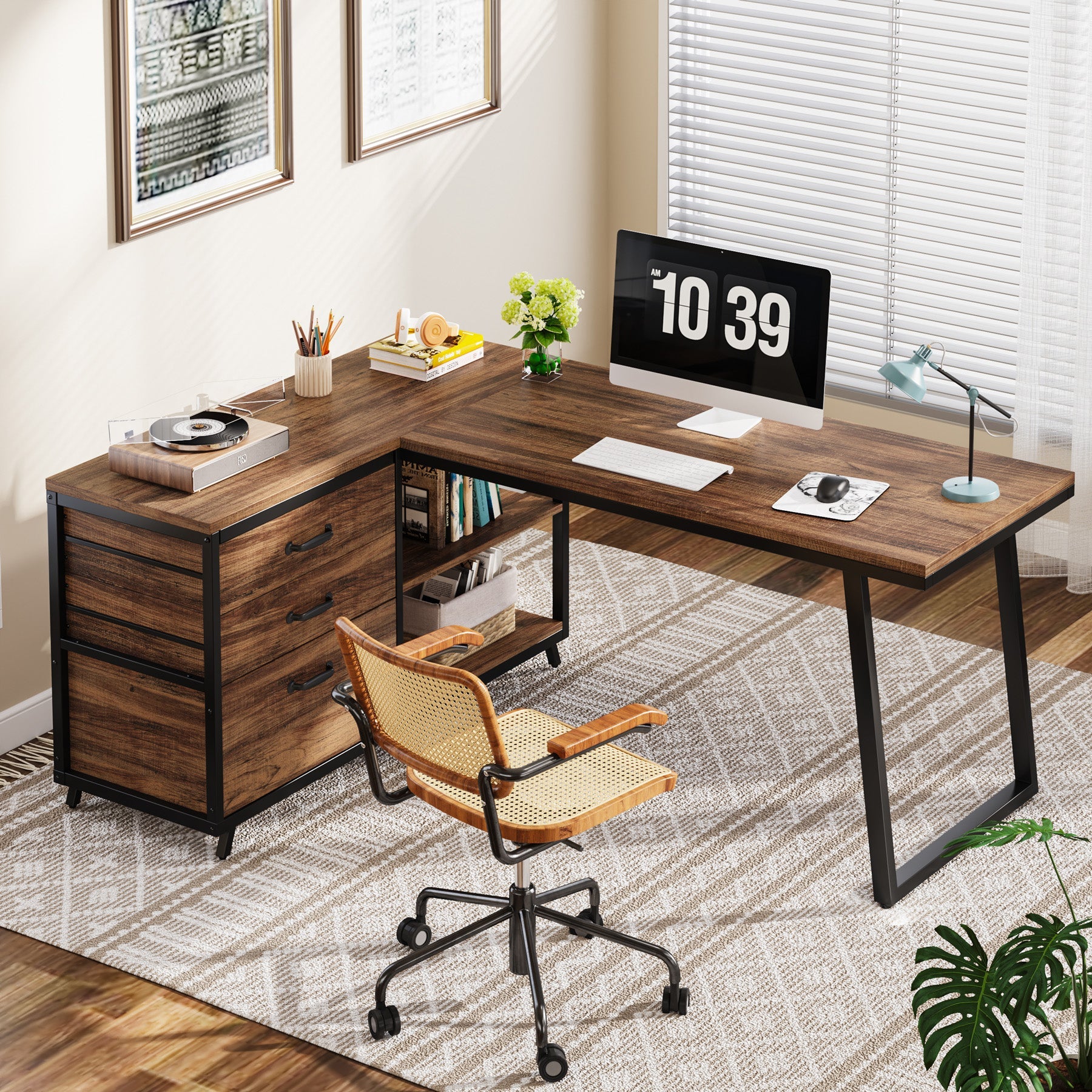 53" Reversible L-Shaped Computer Desk with 3 Drawers and Shelves