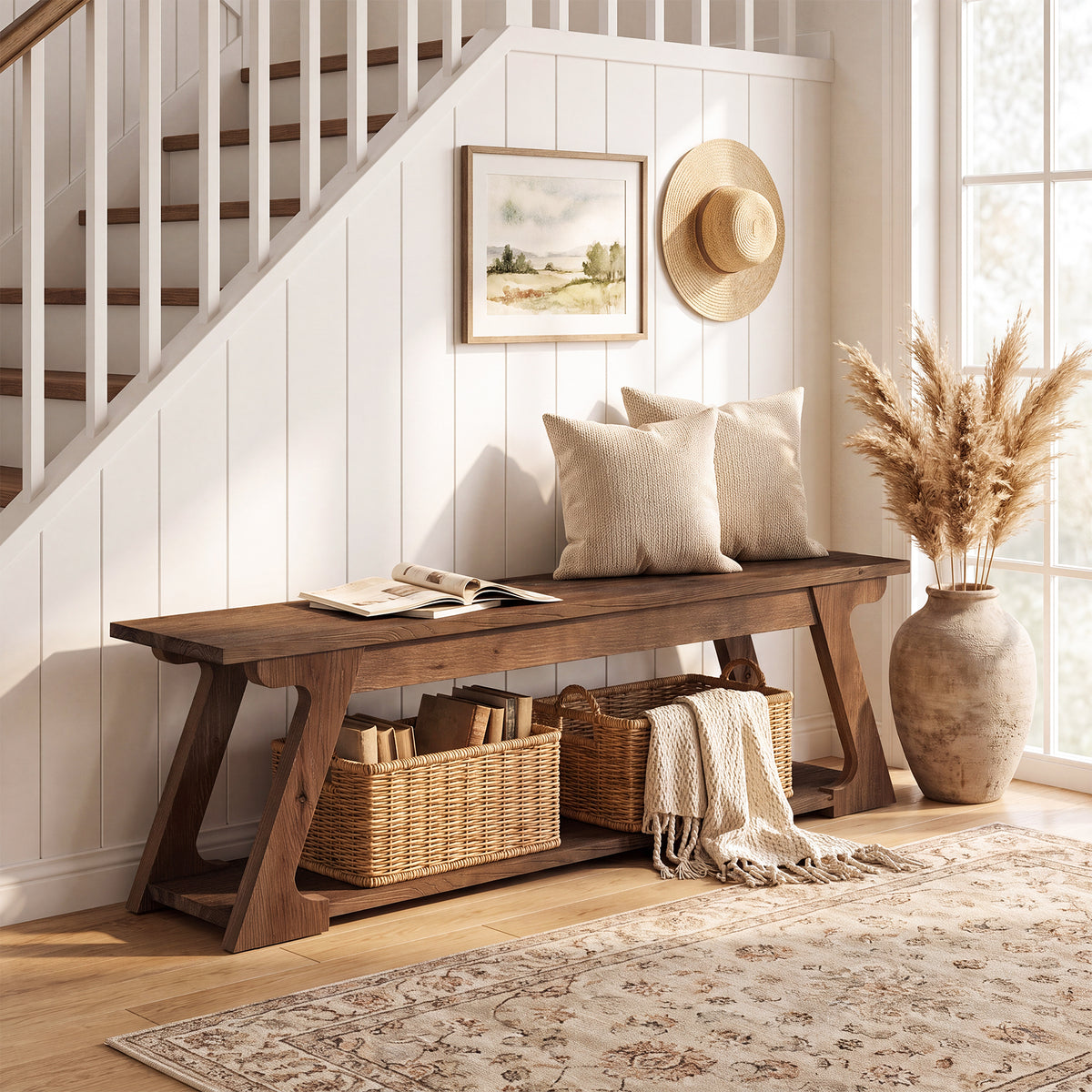 150cm Entryway Bench, Solid Wood Farmhouse Storage Bench for Hallway Living Room