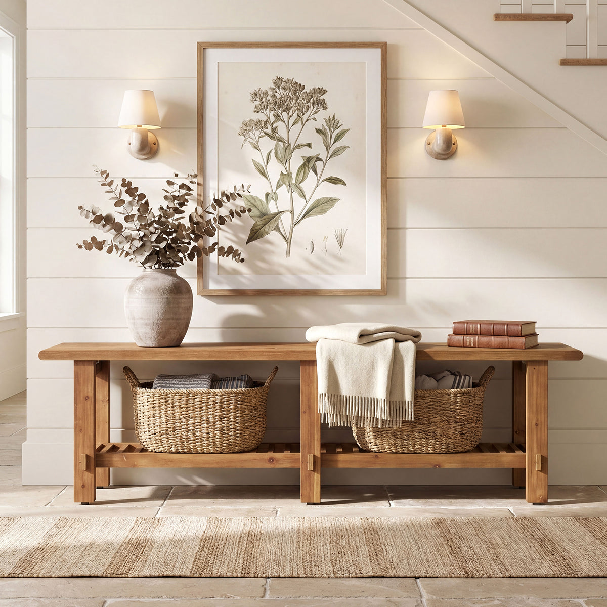 160cm Entryway Bench, Solid Wood Narrow End of Bed Bench with Shoe Storage