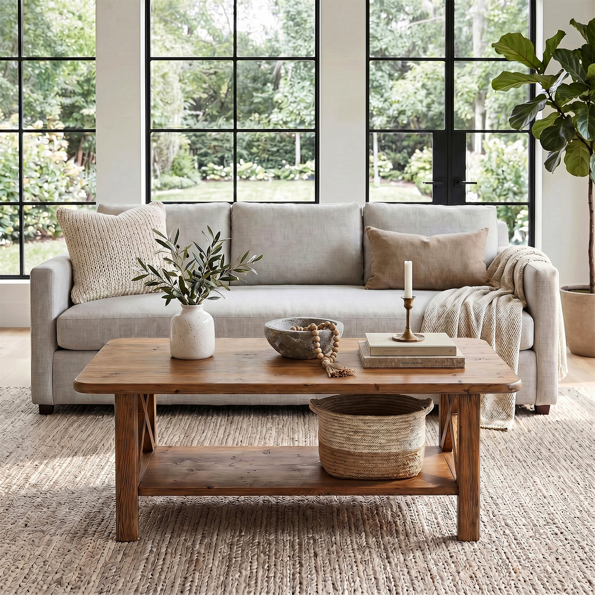 120cm Rectangular Coffee Table, Country Solid Wood with Storage Shelf for Living Room