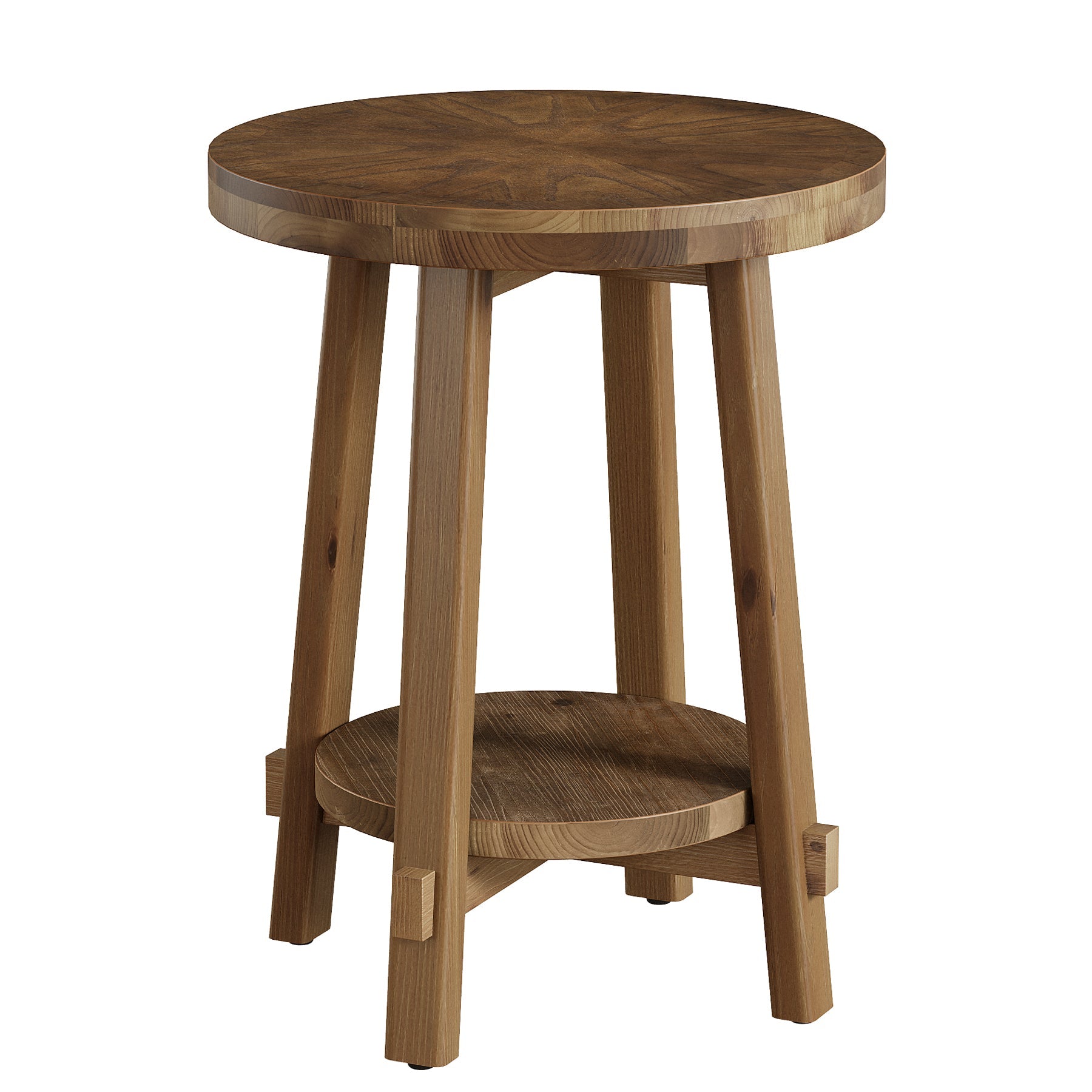 19.6" Round End Table, Solid Wood Side Table with 2-Tier Storage