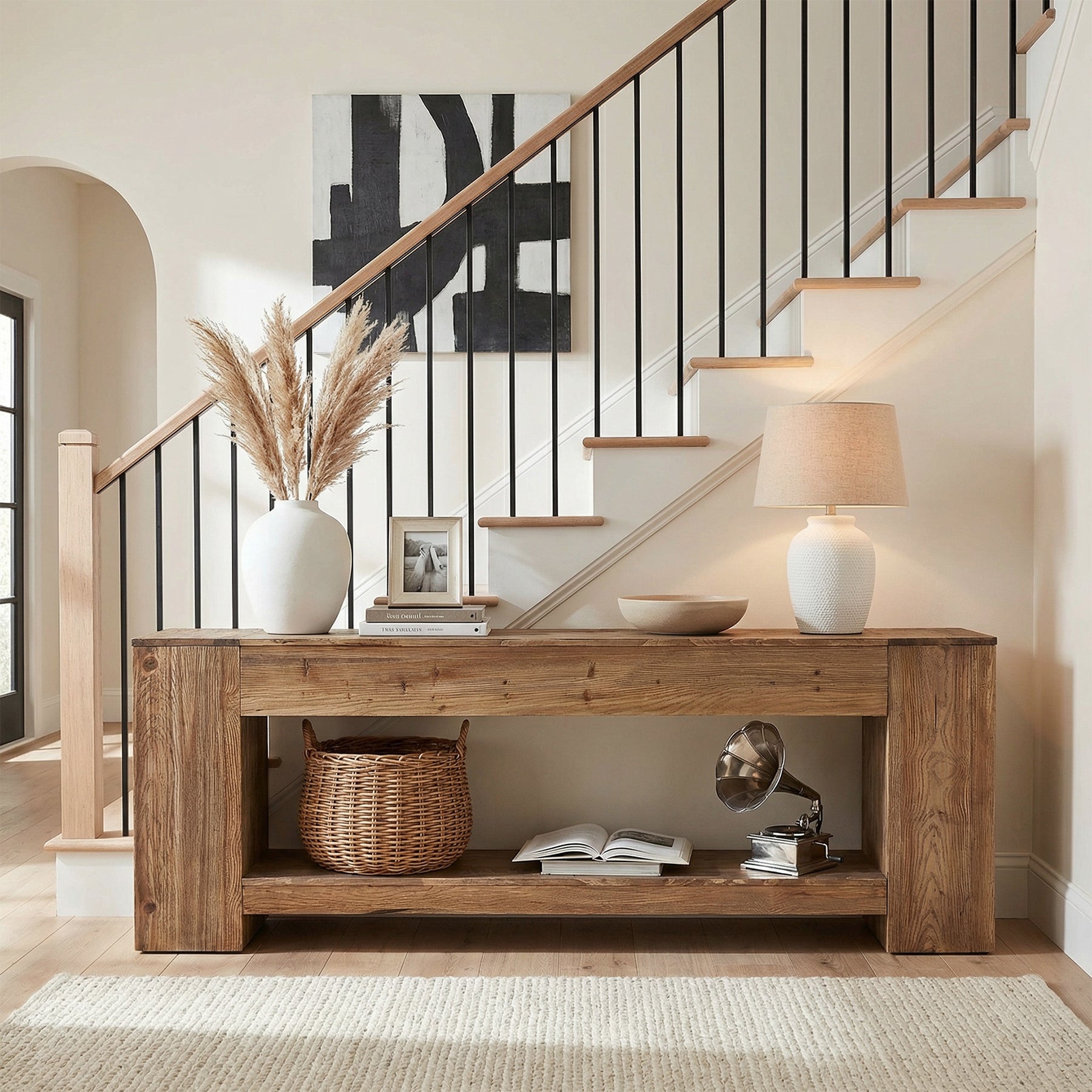 160cm Console Table, Solid Wood Entryway Table with Shelf for Hallway