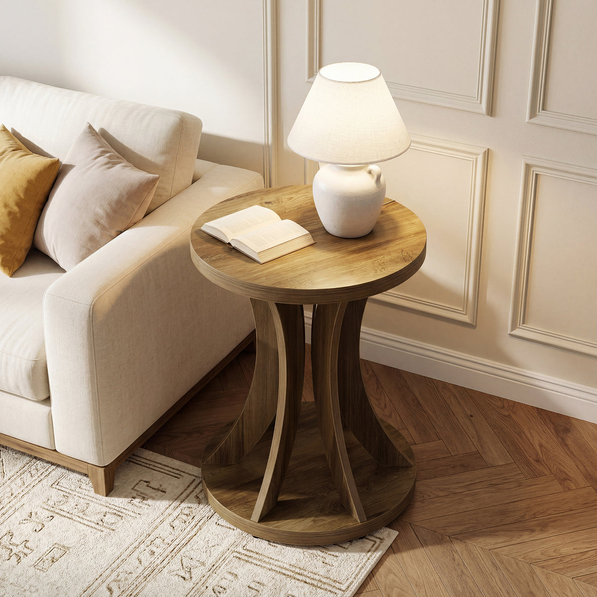 45cm Round Side Table, Farmhouse Curved End Table for Living Room