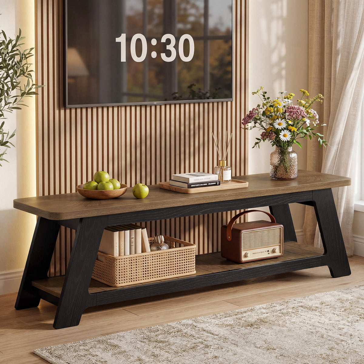 160cm TV Stand, Modern Farmhouse Media Console with Open Storage Shelf for 70" TVs