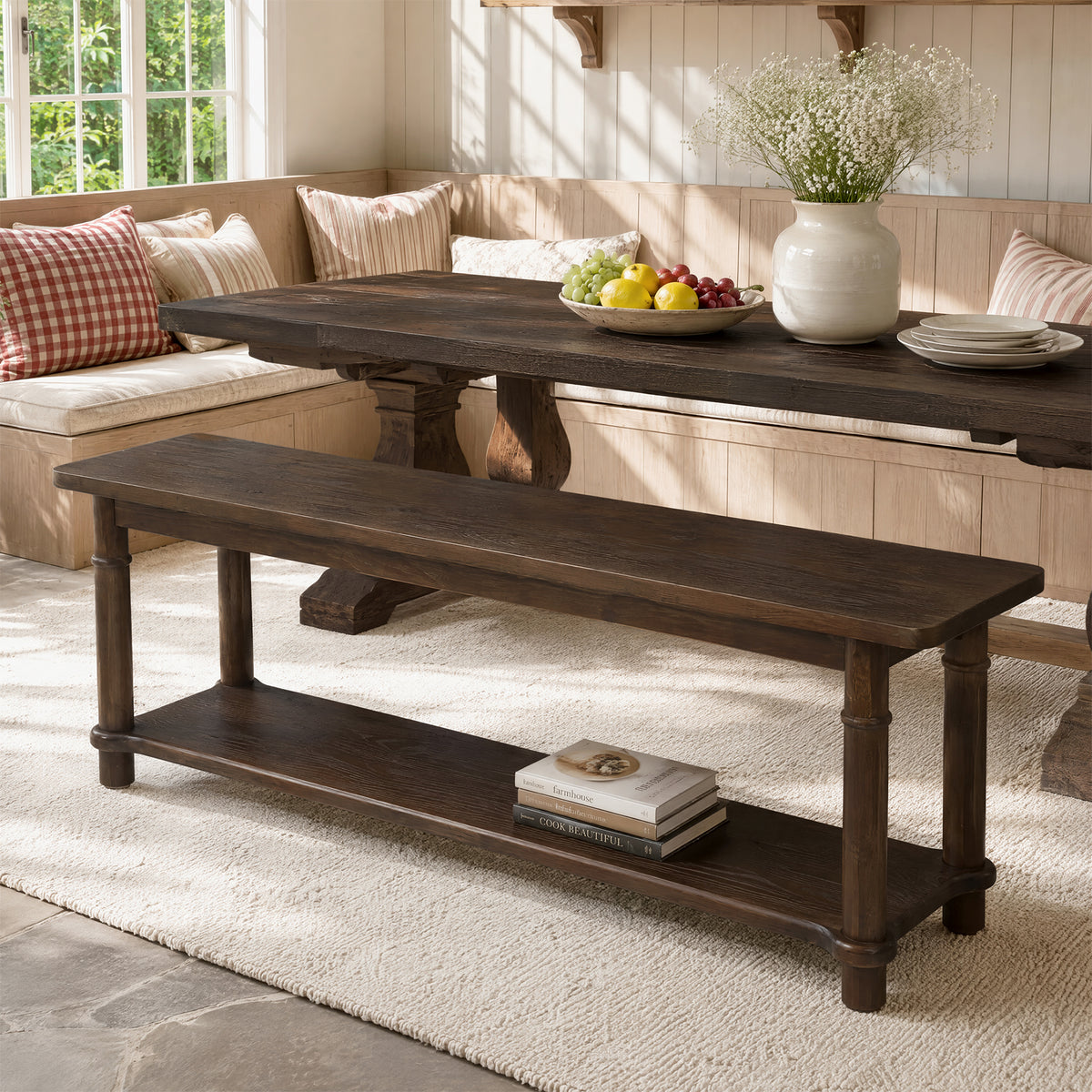 140cm Entryway Bench, Farmhouse 2-Tier Solid Wood Shoe Bench with Open Shelf