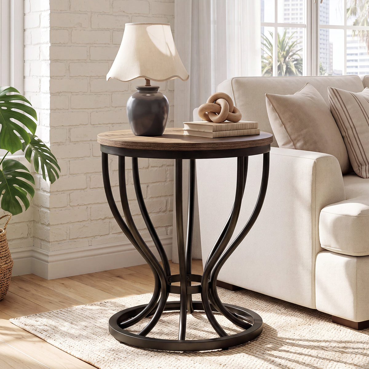 50cm Round Side Table, Industrial End Table with Curved Metal Frame