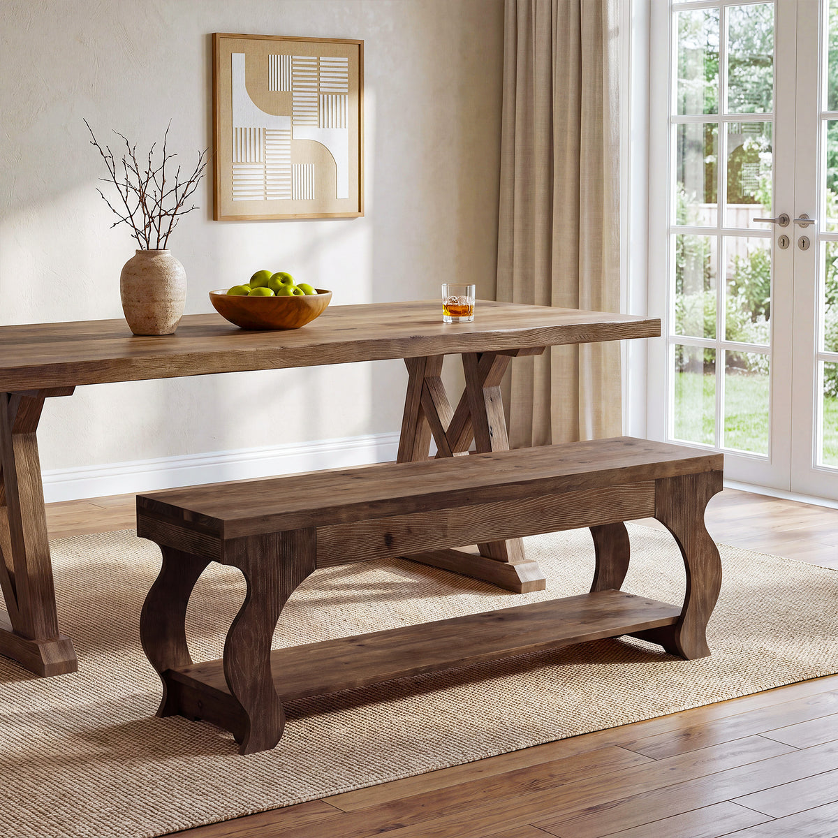 140cm Entryway Bench, Solid Wood 2-Tier Farmhouse Storage Shelf