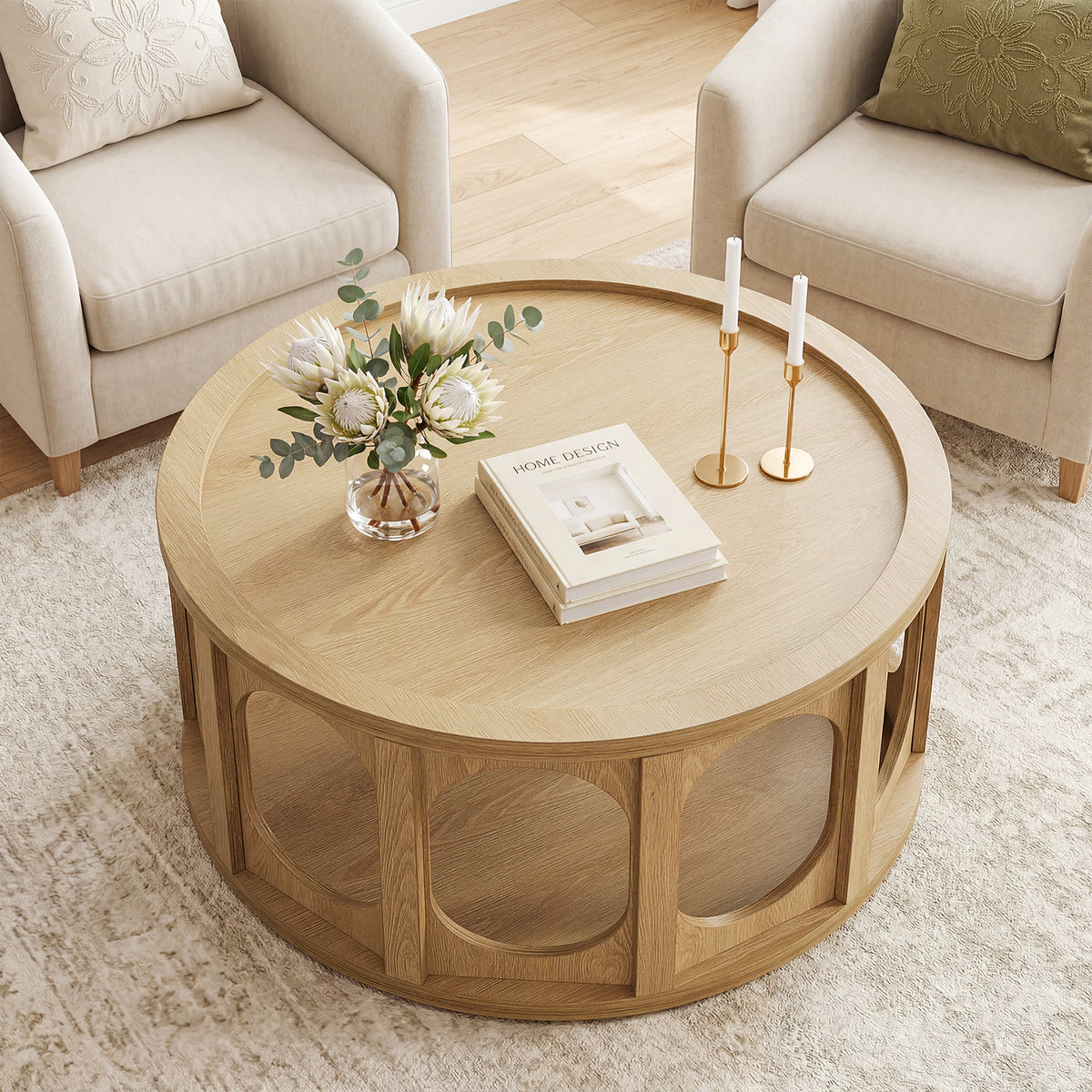 80 cm Round Coffee Table with Tray Top,Mid-Century Modern Accent Table for Living Room – Rustic Brown.