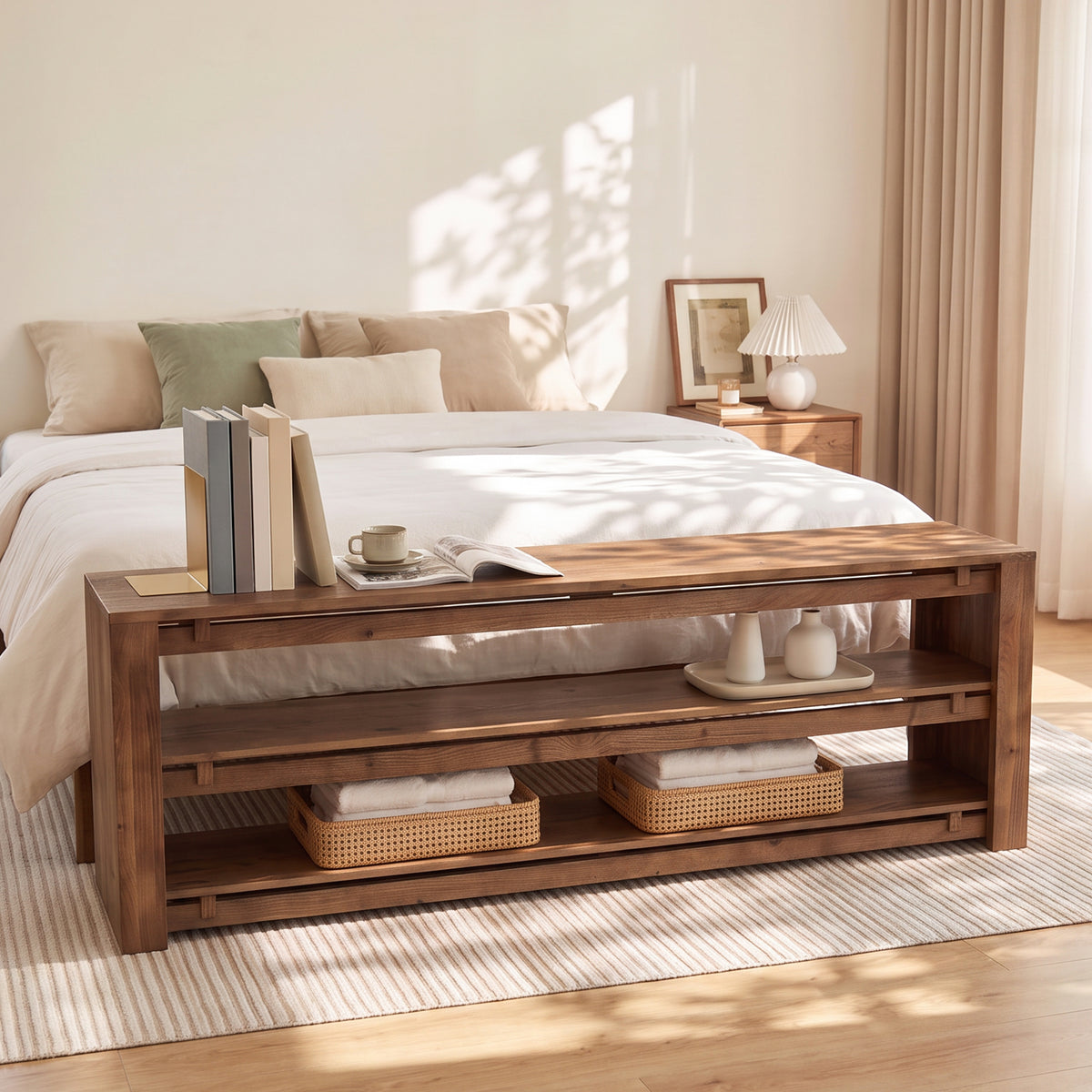 160cm Entryway Bench, 3-Tier Solid Wood Shoe Bench with Storage for Hallway Bedroom