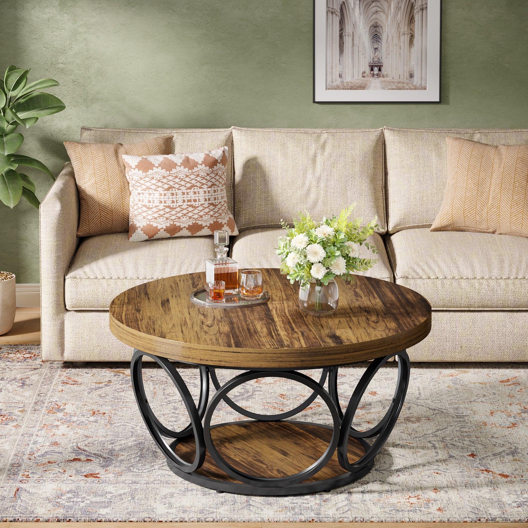Farmhouse Coffee Table, Round Center Table with 2 Storage Shelves